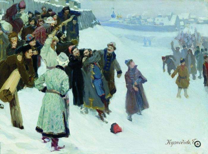 Борис Кустодиев, Кулачный бой на Москва-реке, 1897 г. /Фото: allpainters.ru