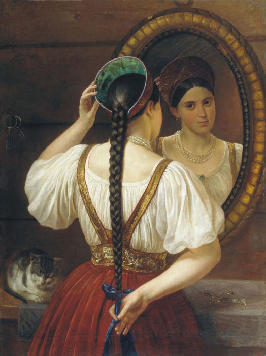 Ф.О. Будкин. Девушка перед зеркалом Длинная красивая коса была олицетворением чистоты и невинности.