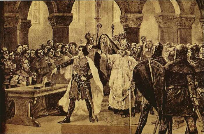 Император Священной Римской империи Генрих IV спорит с папой Григорием VII./Фото: 4.bp.blogspot.com