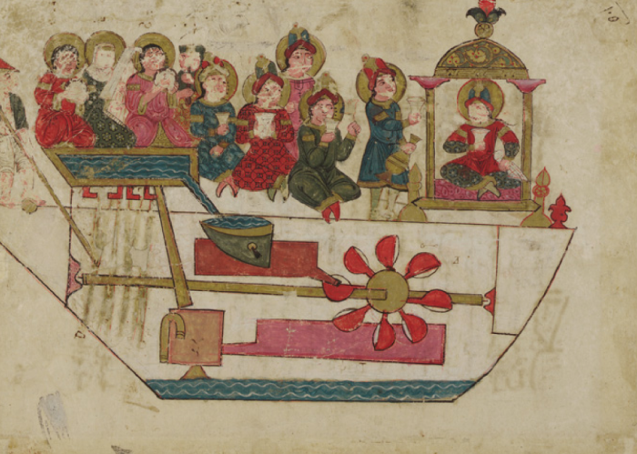 Механические музыканты. Иллюстрация Аль-Джазари к его трактату 1206 года «Книга знаний об остроумных механических устройствах».