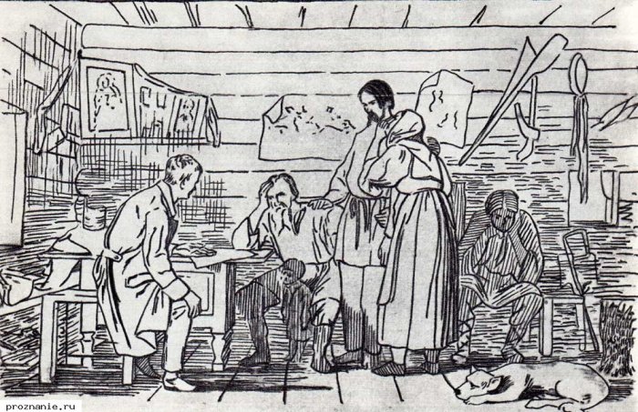 Литография с картины В.Бочина. Весть о рекрутском наборе.  Рекруты часто сбегали по дороге к месту сбора, потому их сопровождал конвой.