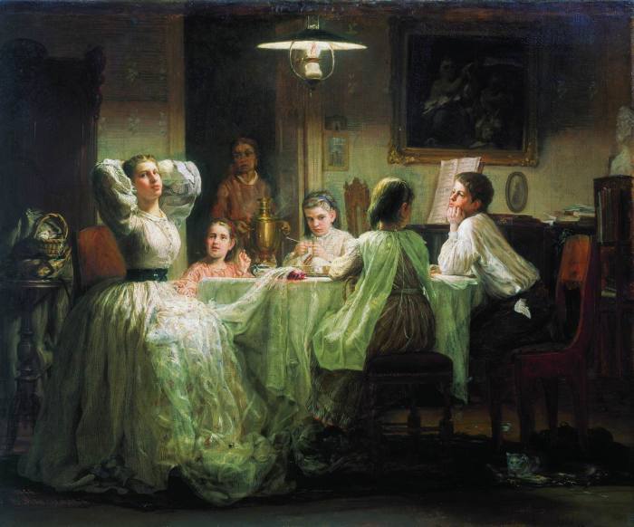 Максимов В.М. Шитье приданого,1866. За невестой давали приданое, вещи, в основном сшитые руками домашних.