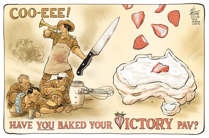 Австралийский плакат, на котором можно разглядеть силуэт страны, с подписью: «А вы испекли свой торт „Павлова“ в честь Дня Победы?»