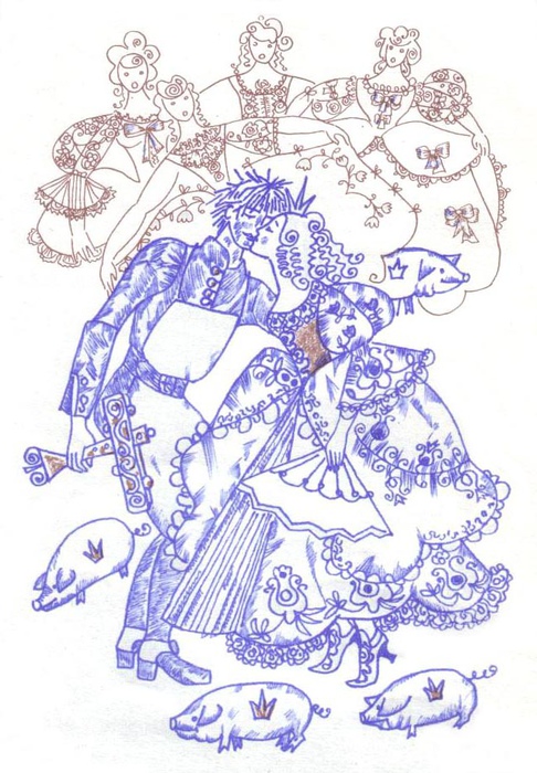Иллюстрация к сказке «Свинопас». Принцесса целуется ради безделушки.