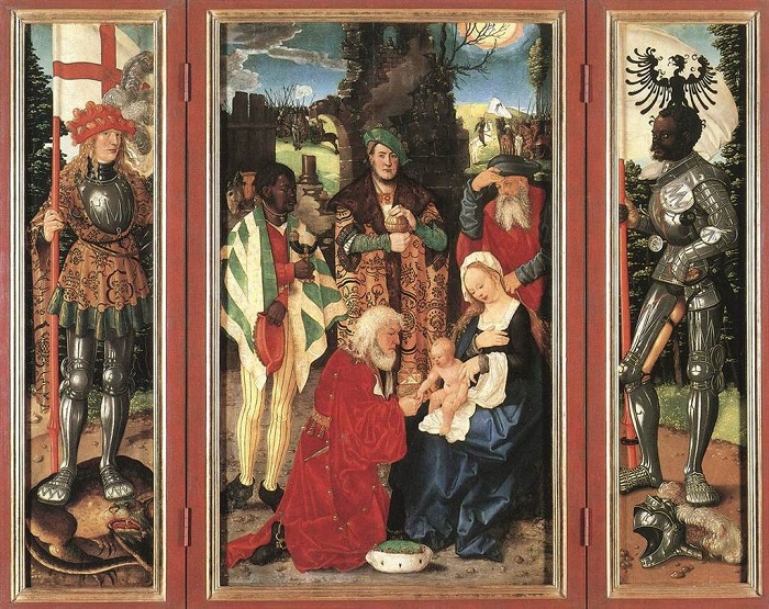 Справа на этом алтарном триптихе Святой Маврикий с германским гербом на флаге.