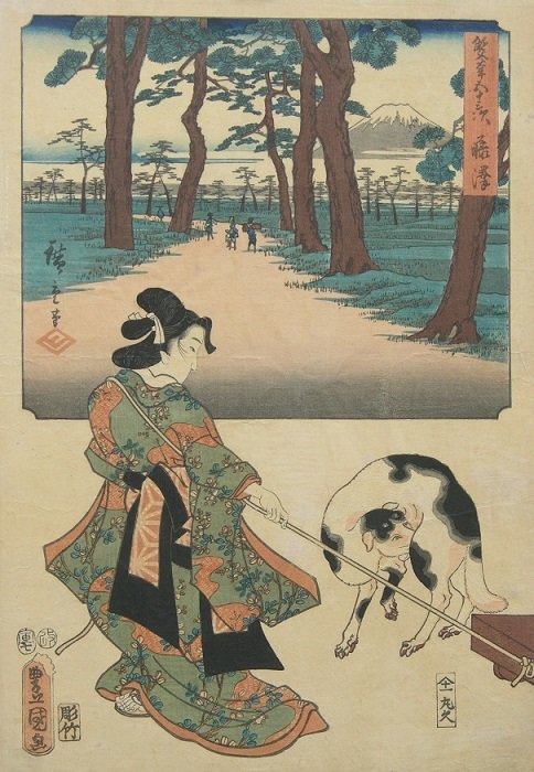Женщина и собака на японской гравюре XIX века.