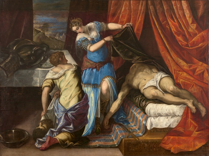Якоп Тиноретто изобразил Юдифь со служанкой, сбегающих с места преступления.