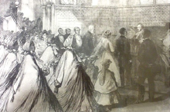 Свадьба Сары Форбс Бонетты и Джеймса Дэвиса, старинный газетный рисунок.