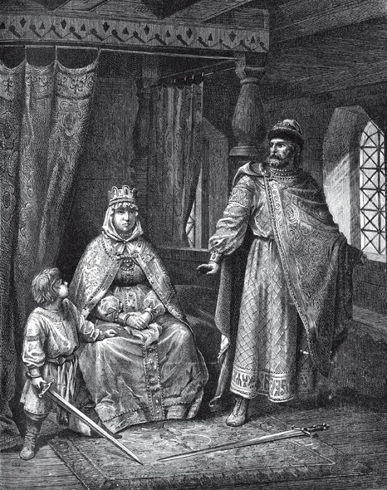 Изяслав защищает мать от Владимира. На самом деле, поскольку князь только что ночевал в постели Рогнеды, они оба должны быть одеты совсем не так плотно.