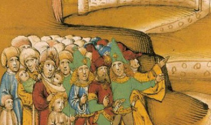 Цыгане, средневековая миниатюра. Жёлтыми изображали на рисунке волосы положительным персонажам. Согласно тексту, волосы у цыган были чёрные