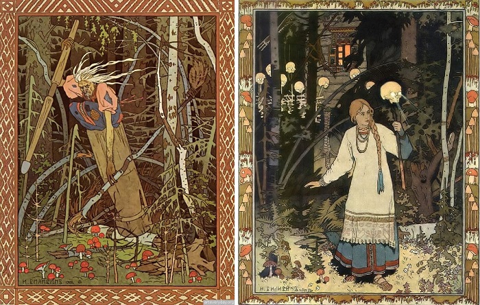 Иллюстрации Ивана Билибина. Василиса идёт от Бабы Яги с волшебным оружием в руке.