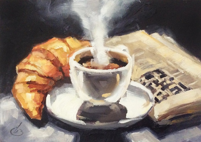 Традиционным французским завтраком считают круассан и кофе. Впрочем, у кофе тоже происхождение не французское. Художник Том Браун.
