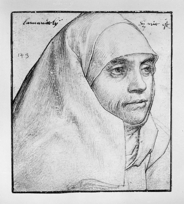 В рядах бегинок скрывалась известная мошенница эпохи Возрождения Анна Ломинит. Портрет руки Ганса Гольейна.