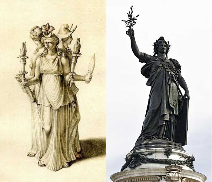 Изображение одной из статуй Гекаты. На одной из голов Гекаты такой же колпак, как и на статуе, изображающей освобождённую Францию.