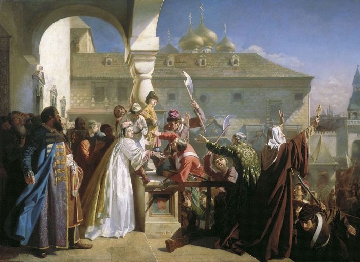 Царица Наталья предъявляет во время стрелецкого бунта царевичей Петра и Ивана на картине Николая Дмитриева-Оренбургского.