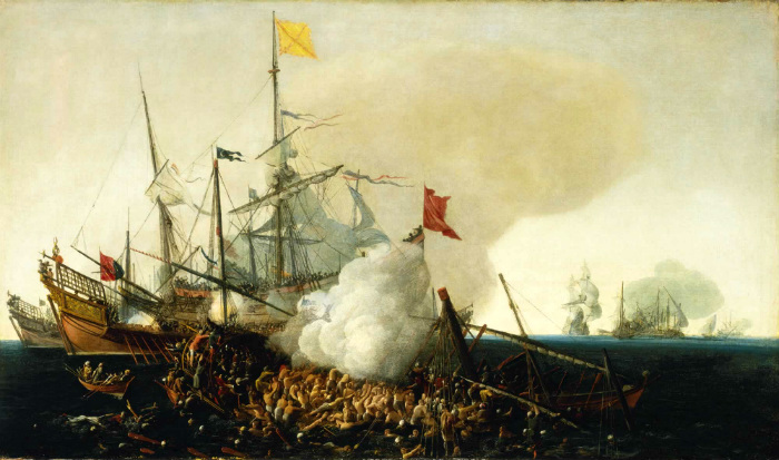 Испанские корабли сражаются с берберийскими корсарами. Картина: Корнелис Хендрикс Вром.
