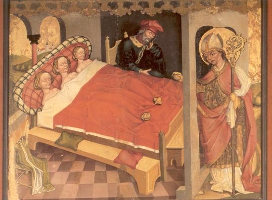 Святой Николай в спальне у спящих девочек. Рядом сидя спит их отец.