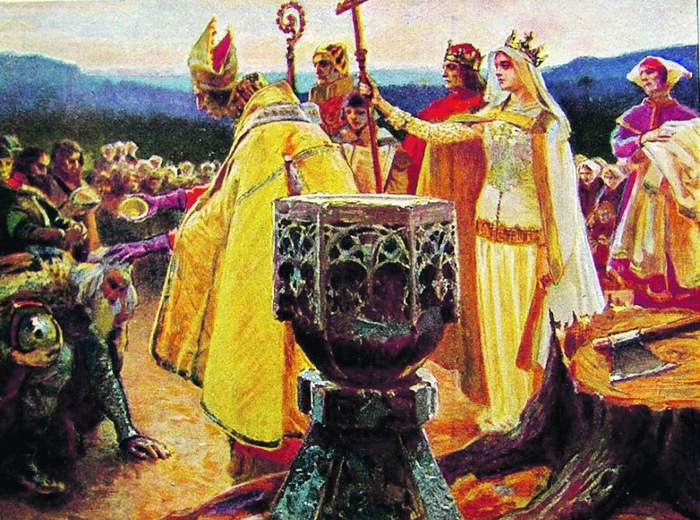 Ядвига и Ягайло крестят литовцев. Картина Петра Стахевича.