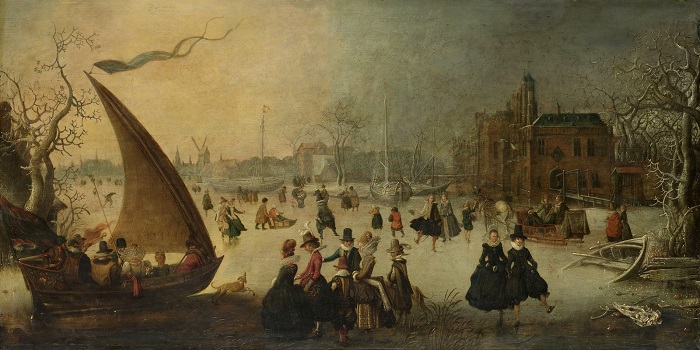 Голландцы семнадцатого века на коньках, санях и лодке.