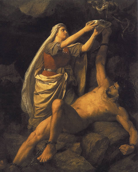 Локи, наказанный за все свои проделки, и его жена Сигюн, от художника Мартена Эскиля Винге.