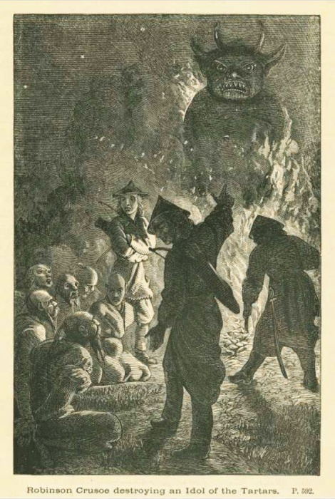 Крузо разрушает татарского идола. Иллюстрация к книге.