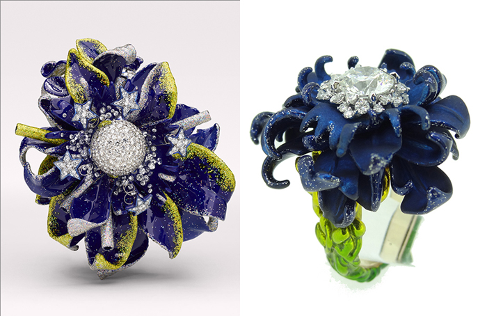 Экстравагантные кольца с цветочными мотивами.