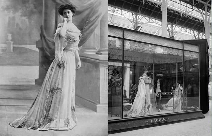 Платье от Paquin и витрина универмага с моделями от Жанны Пакен.