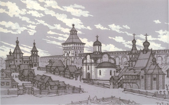  У Арбатских ворот Белого города в начале XVII века. Реконструкция В. А. Рябова.