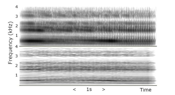 Широкополосное (верхнее) и узкополосное (нижнее) окно спектрограммы для падающей интонации, генерируемой с помощью управляемого джойстиком органа голосового тракта.
