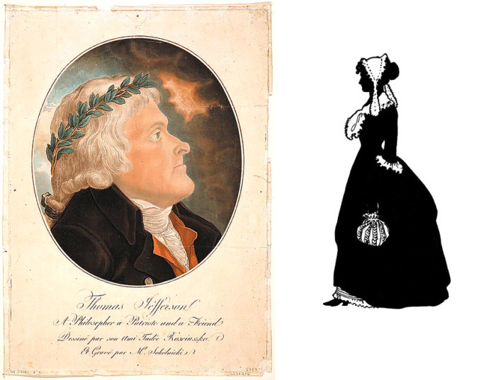 Портрет 3-го президента США, выполненный художником Тадеушем Костюшко, и примерное изображение Салли. Портреты женщины-рабыни до наших дней не сохранились. 