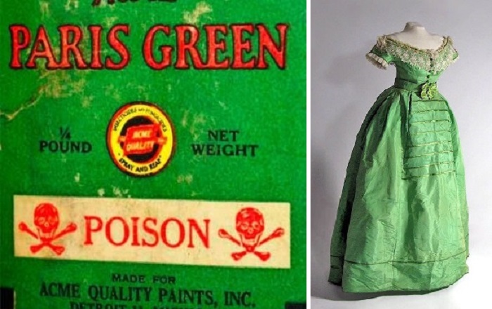 На фото справа: изумрудно-зеленое платье, окрашенное мышьяком. Европа, 1860-65 гг. Источник: https://kulturologia.ru/blogs/220523/56272/