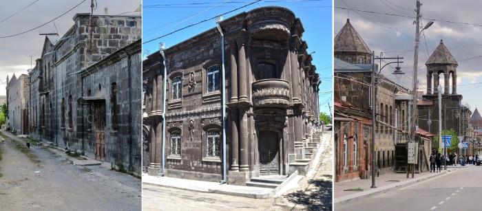 Примеры старинных зданий из чёрного туфа в Гюмри.