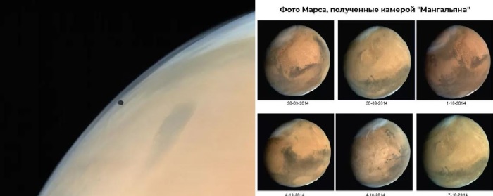 На фото слева Фобос на фоне Марса.