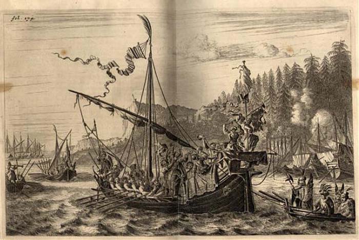 Так выглядит остров и флот Разина на старинной гравюре, опубликованной в книге «Три путешествия» Яна Стрейса.