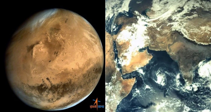 Марс (слева) и первый, тестовый снимок (часть планеты Земля).