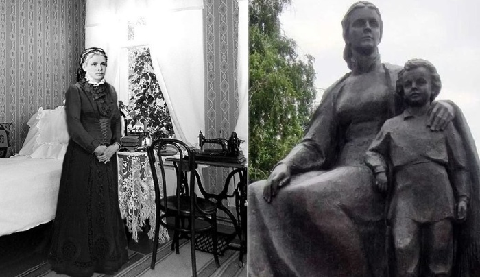 Мария Ульянова, моделирование восковой фигуры (слева), памятник юному Володе с матерью (справа)