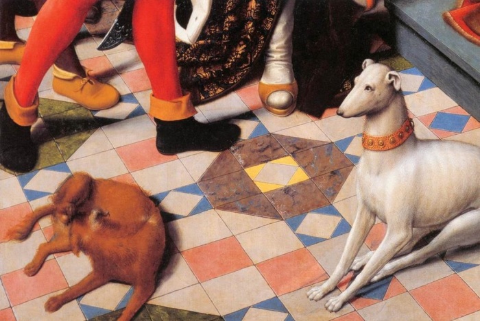 Собаки аристократии на диптихе Давида Герарда «Суд Камбиса». / Музей Гронинге, Бельгия. 