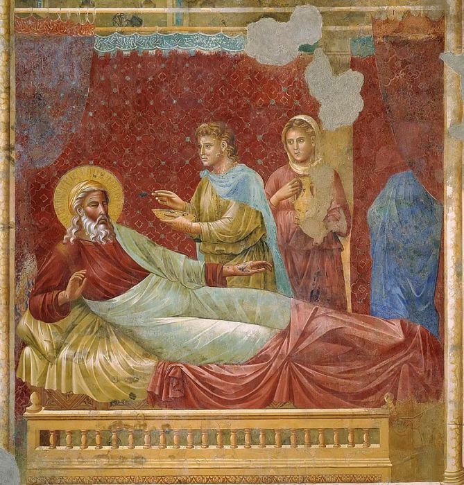 Исав перед Исааком. Фреска работы Джотто (ок. 1295 г.). Ассизи, церковь Сан Франческо, Базилика св. Франциска.
