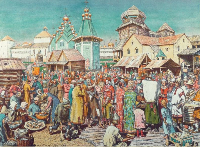Такой типичную московскую площадь средневековых времен видел художник Аполлинарий Васнецов. 