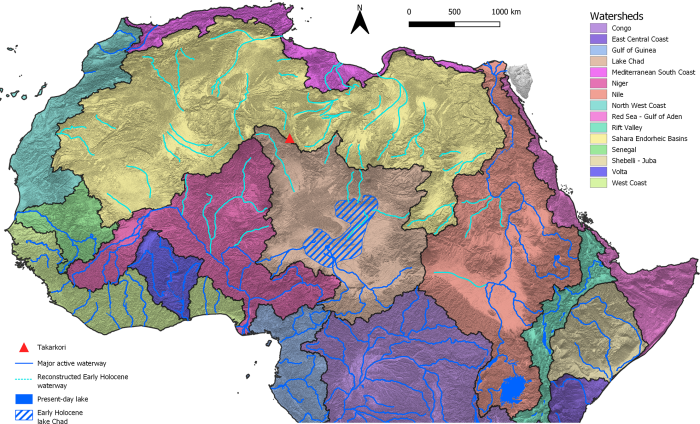 Реконструкция существовавших в Северной Африке основных активных и ископаемых гидрографических бассейнов, выработанных из гидротермальных отложений. /Фото:hydrosheds.org.
