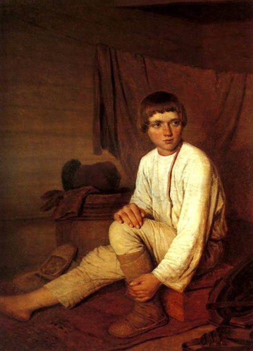 К. Зеленцов, VIII в. Мальчик-крестьянин, надевающий лапти