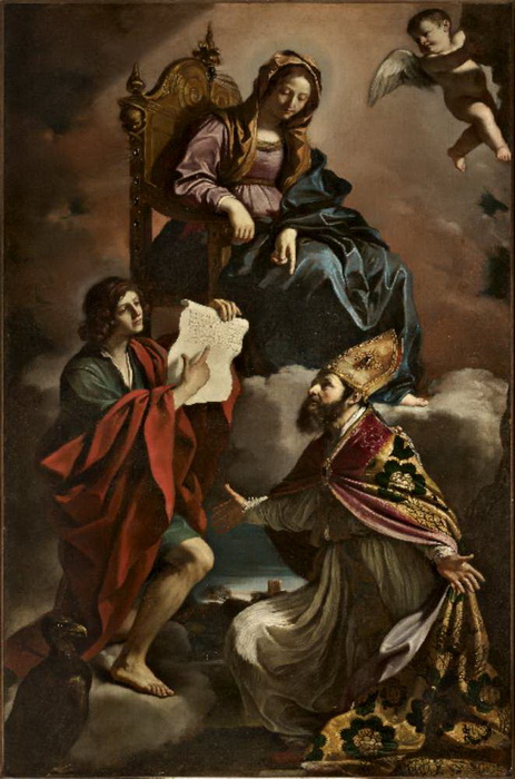 Гверчино. Мадонна со святыми Иоанном Богословом и Григорием Чудотворцем. Эта картина была украдена в 2014 году из церкви в Сан-Виченцо в Модене и возвращена через три года