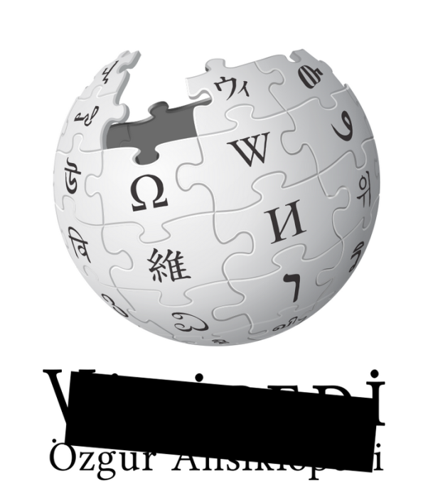 Так выглядел логотип турецкого раздела «Википедии» после блокировки ресурса Турцией в 2017 году. Черный прямоугольный знак символизировал цензуру