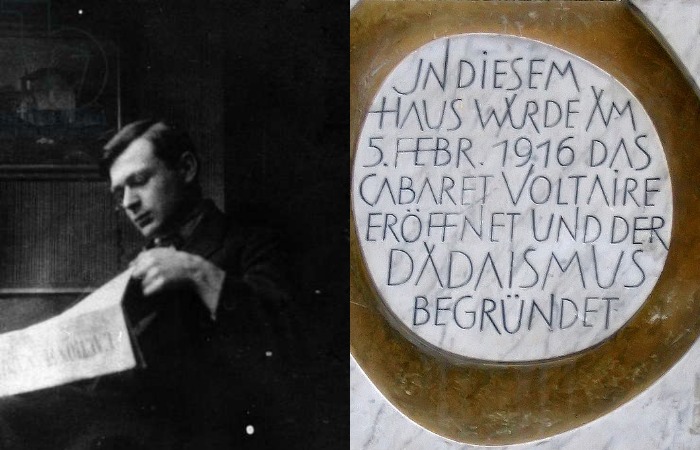 Основатель дадаизма поэт Тристан Тцара и памятная табличка в кабаре «Вольтер» в Цюрихе