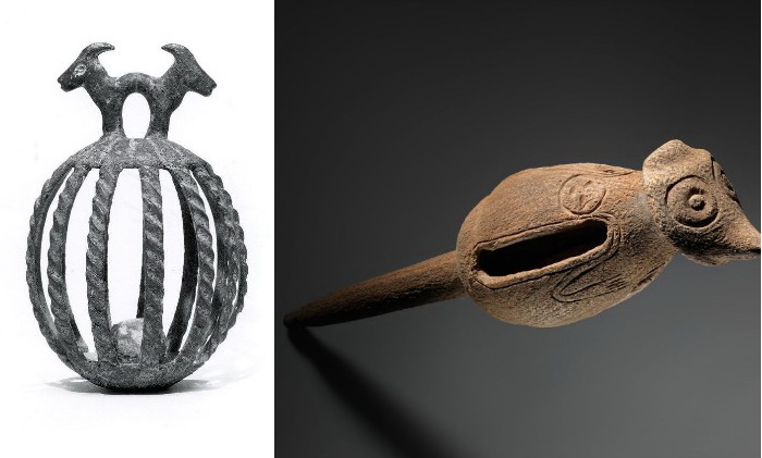 Слева - погремушка возрастом около 3 тыс. лет, найдена в Иране; справа - погремушка с островов Карибского бассейна