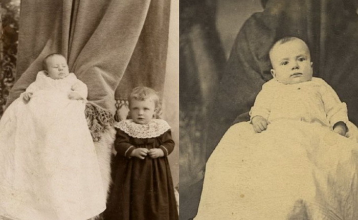Детей придерживали или даже держали на руках матери, скрытые от фотографа драпировками