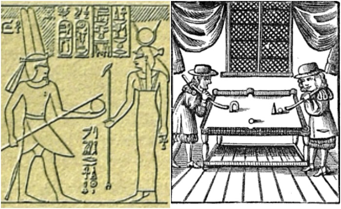 Нечто похожее на бильярд на древнеегипетском памятнике и иллюстрация из книги 1674 года