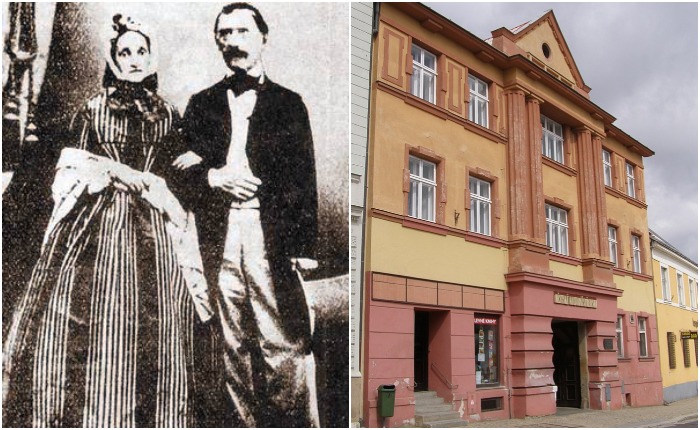 Якоб Кристоф Рад с женой и современный вид здания, в котором размещался сахарный завод Дачице