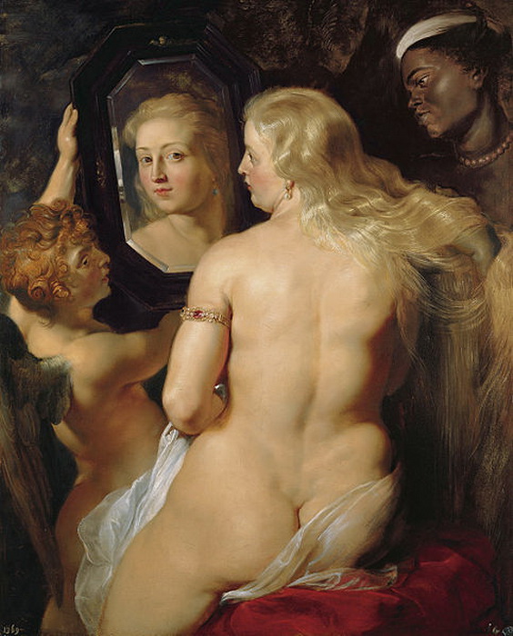 На картине Рубенса демонстрируется популярный в искусстве прием "эффект Венеры", когда человек перед зеркалом смотрит не на свое отражения, а на зрителя