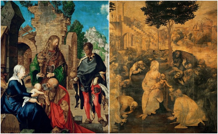 «Поклонение волхвов» стало одним из самых популярных сюжетов у живописцев. Слева - работа А. Дюрера, справа - незаконченная картина Л. да Винчи